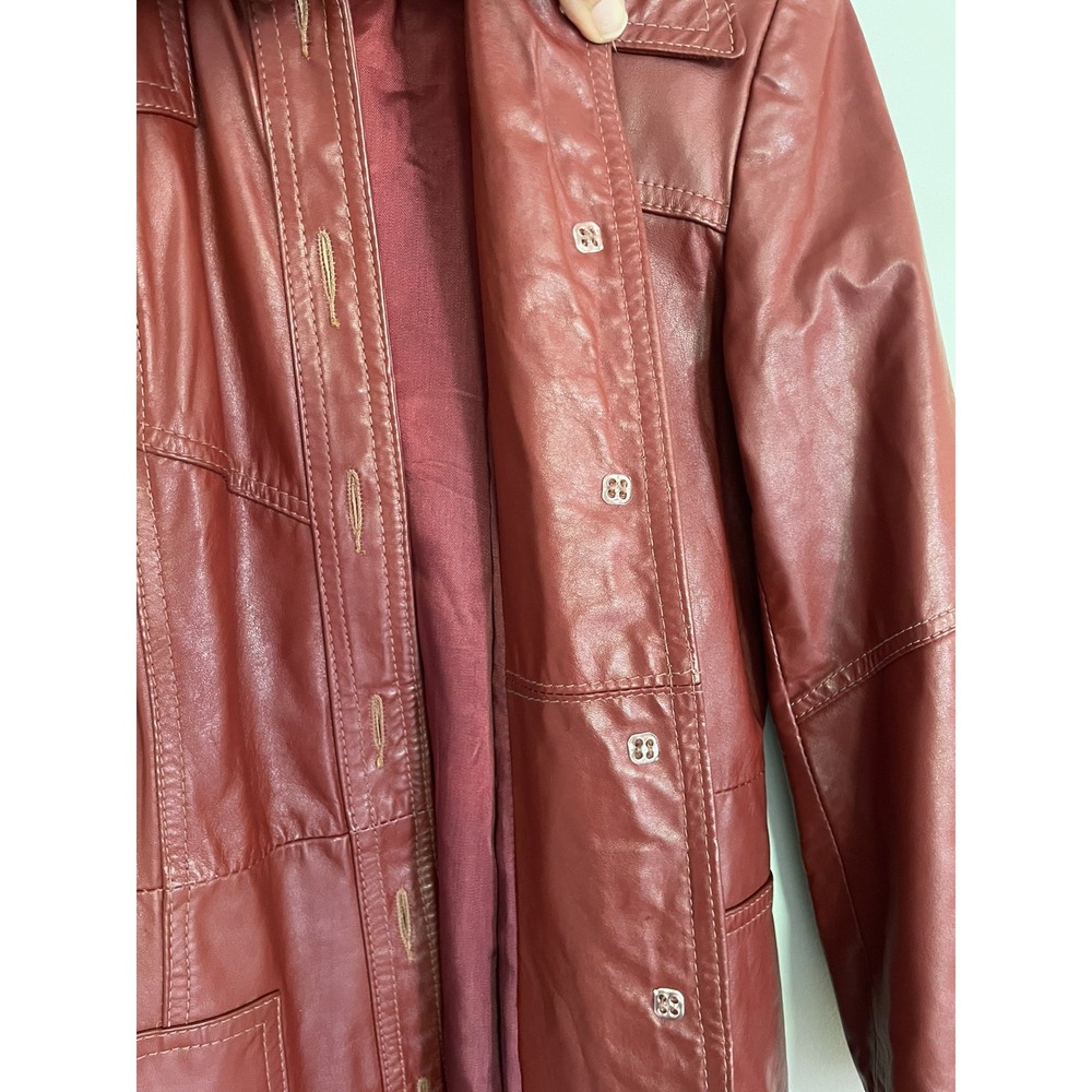 Vintage 70s Red Leather Trench Coat Maxi Long Duster Dagger Collar Uruguay S - Picture 11 of 16